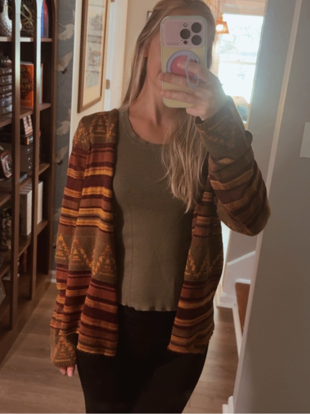Vintage Daytrip Striped Open-Front Cardigan in Olive, Brown & Rust